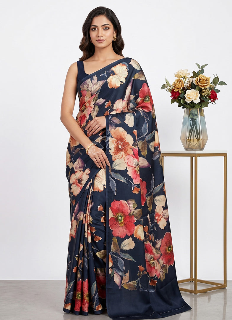 Siri Collections Premium Digital Print Satin Crepe Silk Saree
