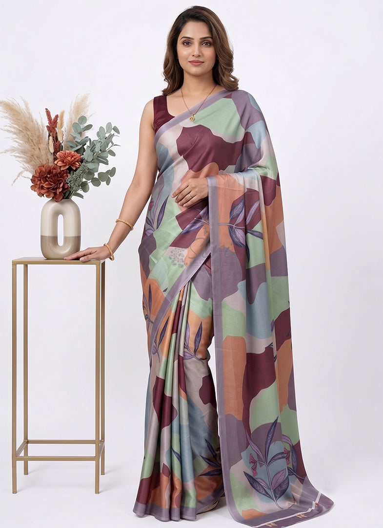 Siri Collections Premium Digital Print Satin Silk Saree