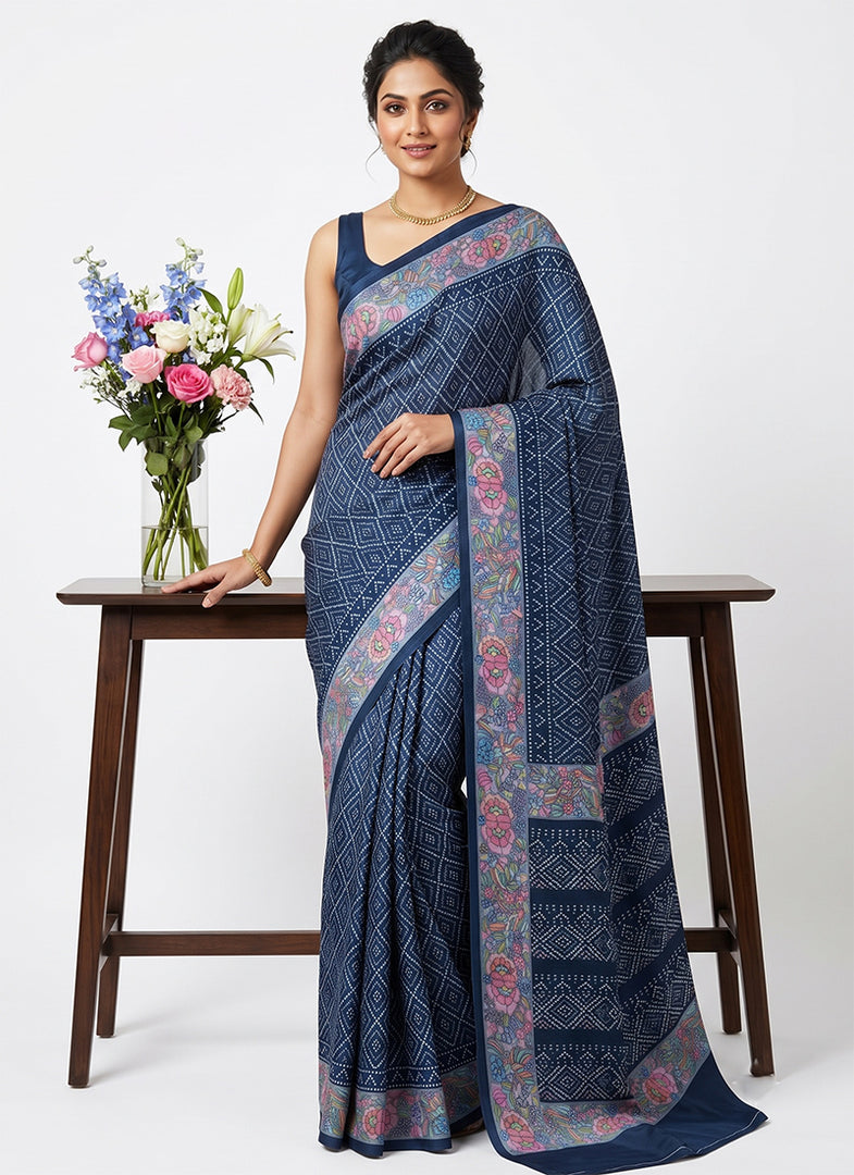 Siri Collections Premium Digital Print Satin Crepe Silk Saree with Blouse