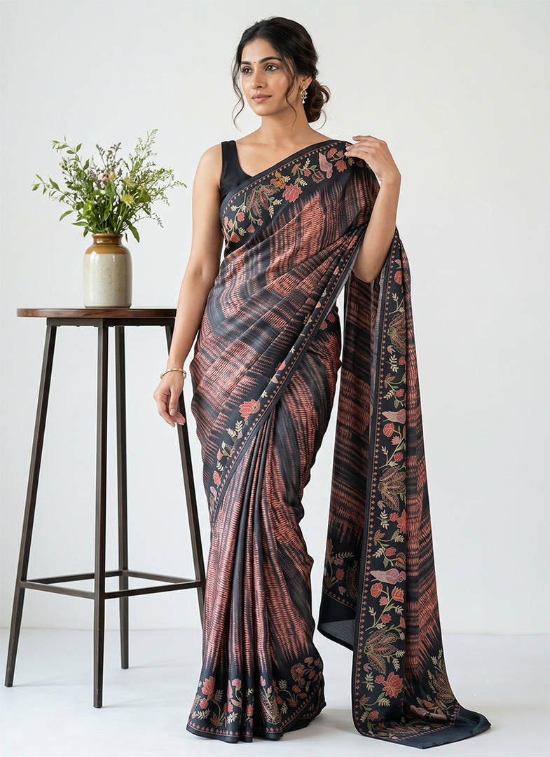 Siri Collections Premium Digital Print Satin Crepe Silk Saree with Blouse