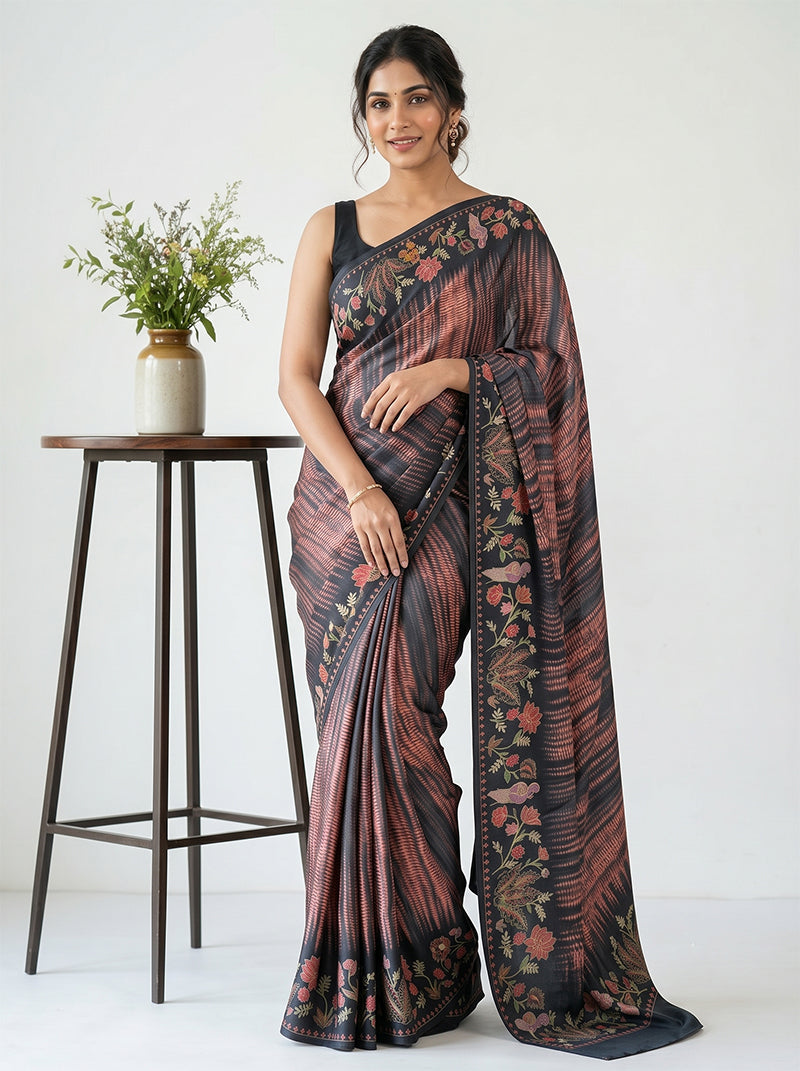 Siri Collections Premium Digital Print Satin Crepe Silk Saree with Blouse