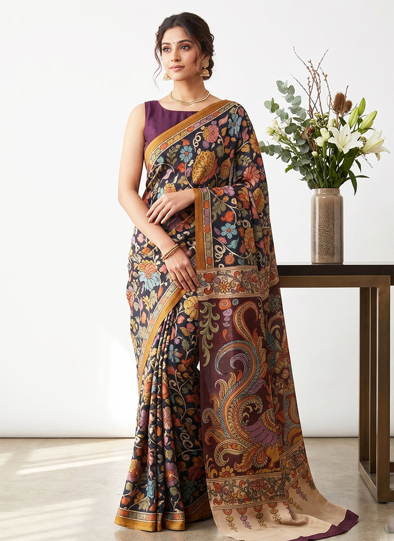 Siri Collections Premium Digital Print Satin Crepe Silk Saree with Blouse
