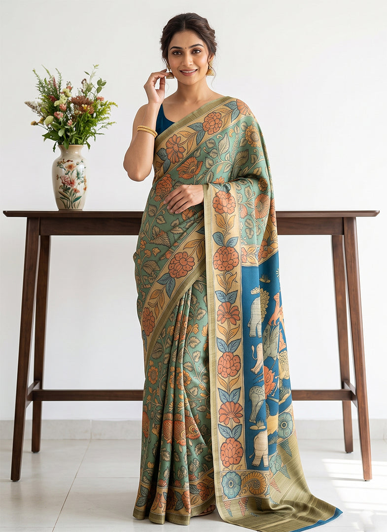 Siri Collections Premium Digital Print Satin Crepe Silk Saree with Blouse