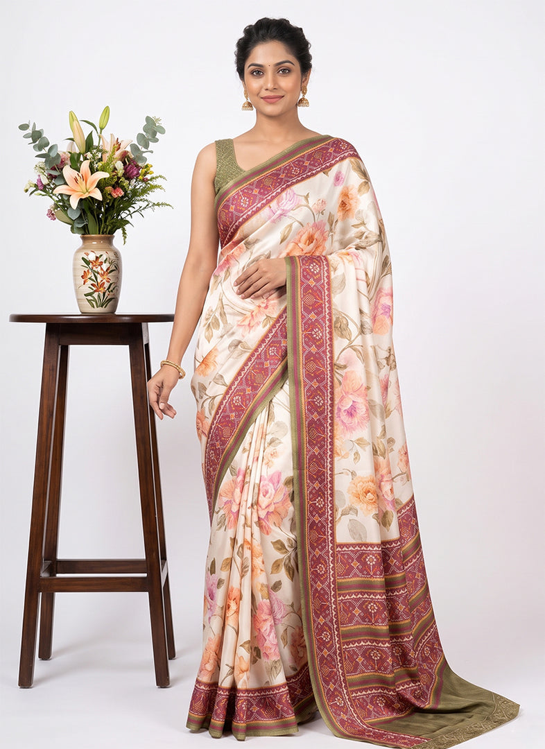 Siri Collections Premium Digital Print Satin Crepe Silk Saree with Blouse
