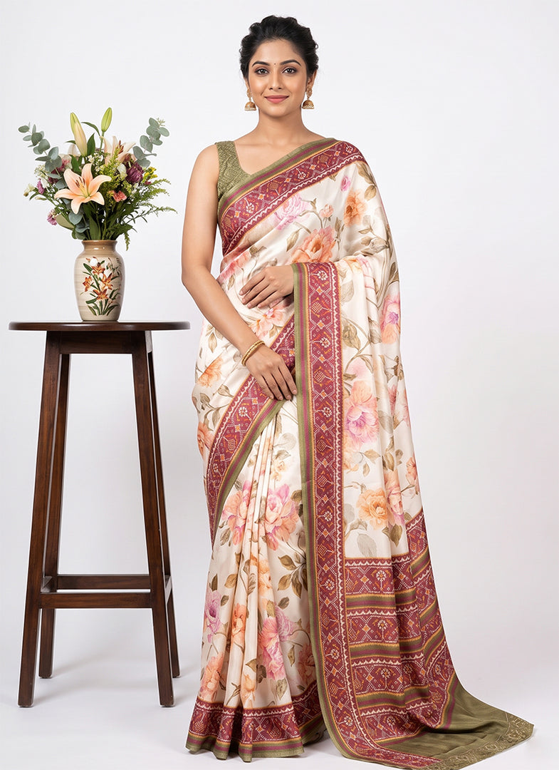 Siri Collections Premium Digital Print Satin Crepe Silk Saree with Blouse