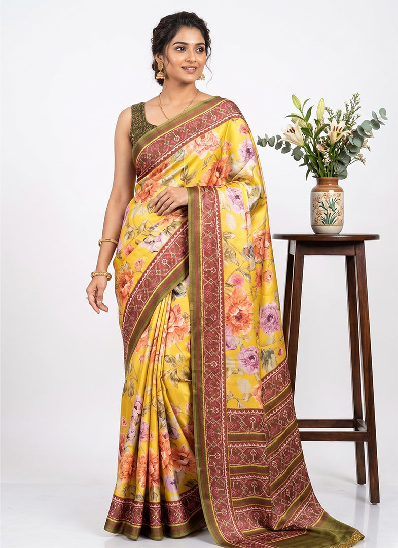 Siri Collections Premium Digital Print Satin Crepe Silk Saree with Blouse