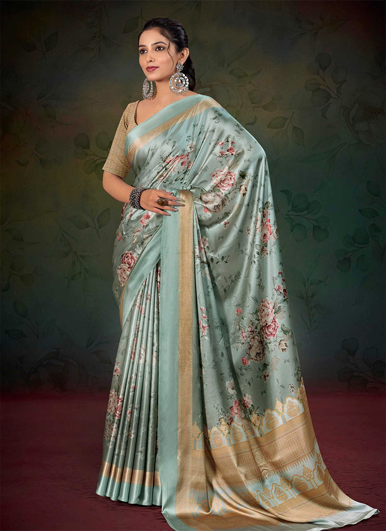 Lovely Digital Print Satin Saree