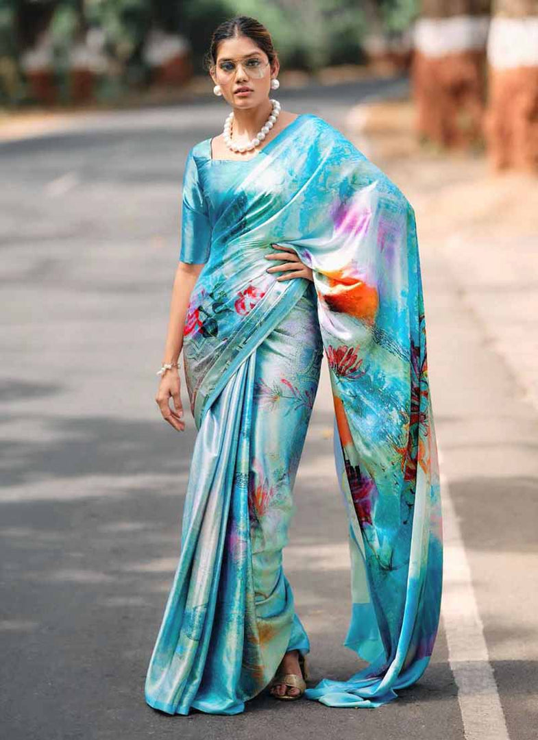 Lovely Digital Print Satin Saree