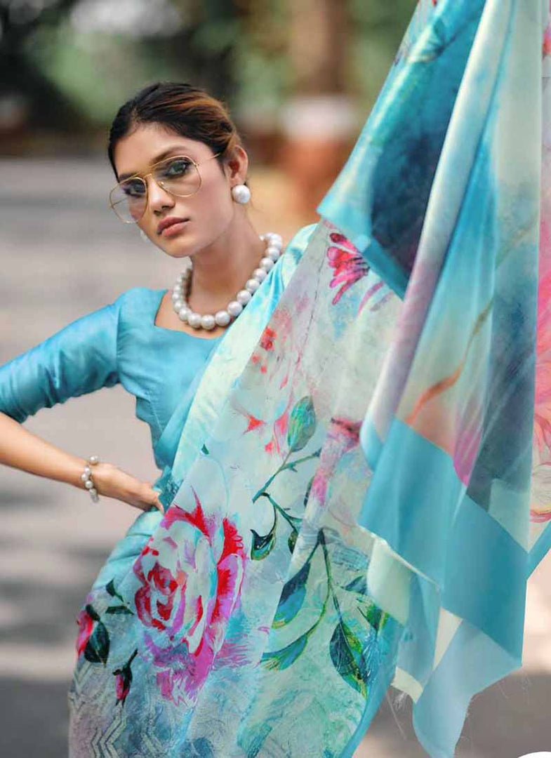 Lovely Digital Print Satin Saree