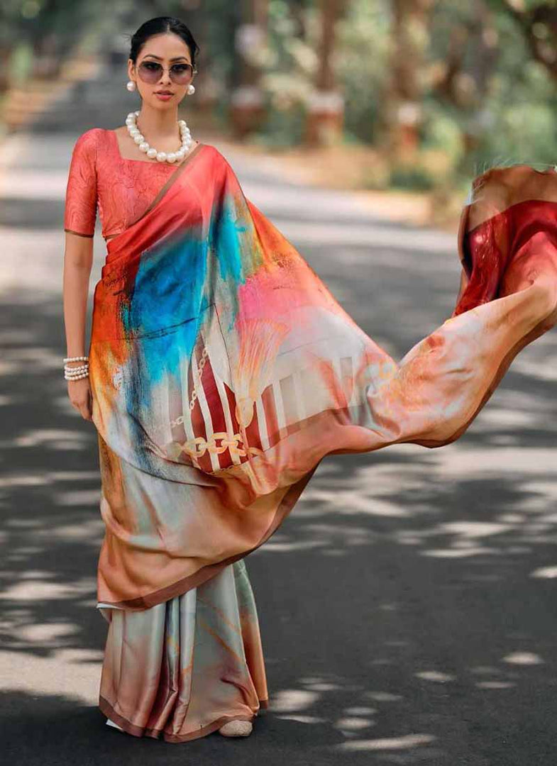 Lovely Digital Print Satin Saree