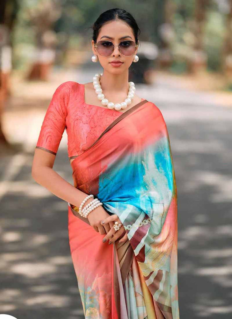 Lovely Digital Print Satin Saree