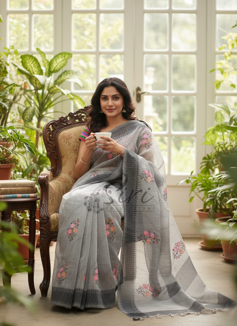 Elegant Grey Saree in Self Borders and Embroidery Work