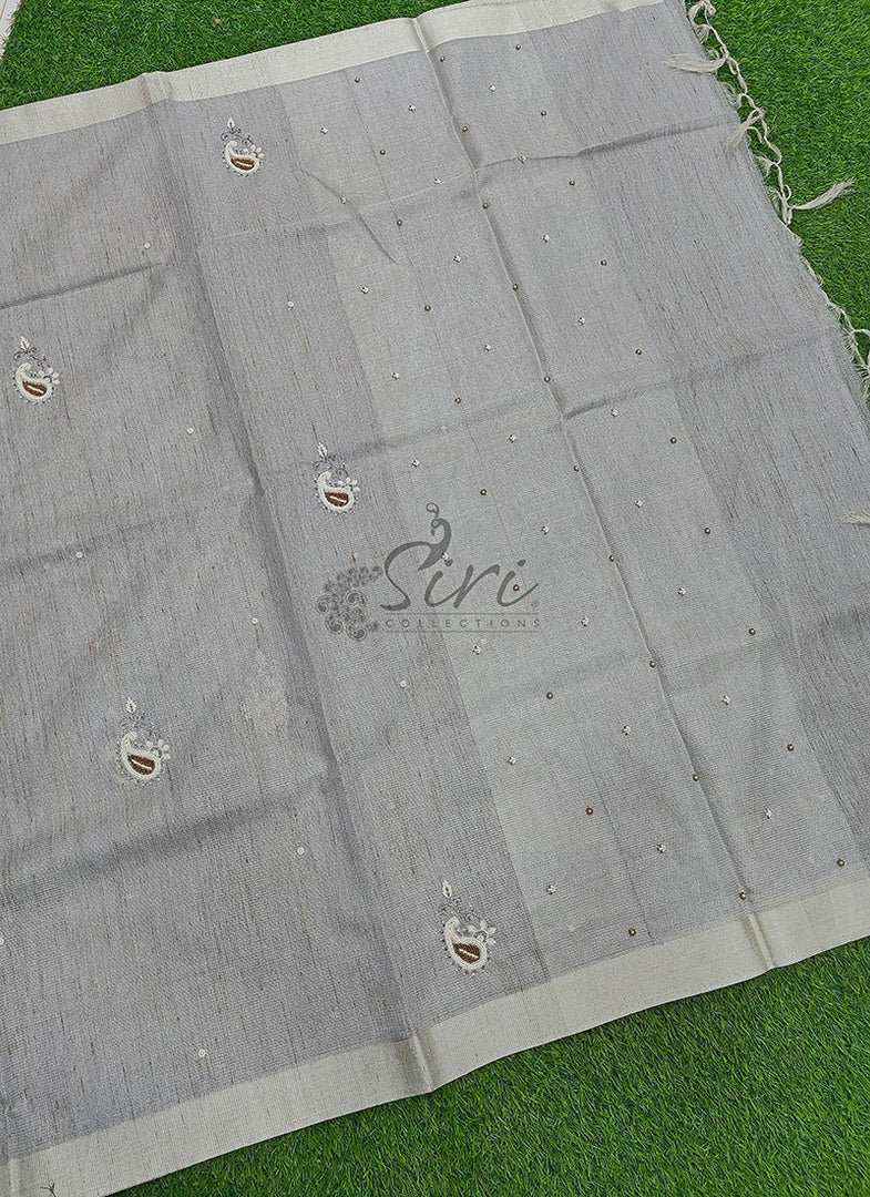 Beautiful Jute Silver Tissue Saree with Handwork Buti