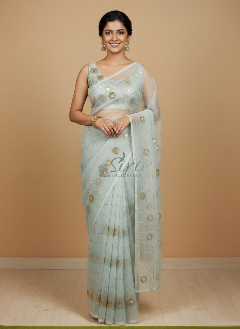 Lovely Organza Saree in Hand Mirror Work