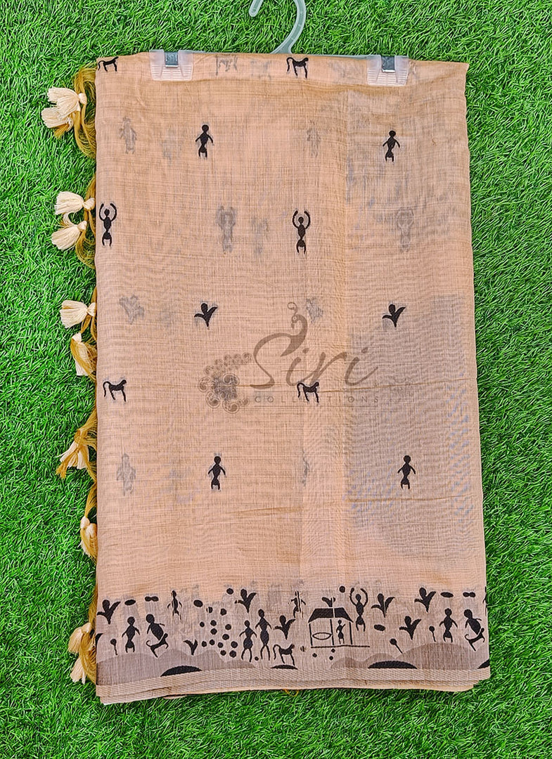 Latest Fancy Cotton Saree in Warli Design Borders