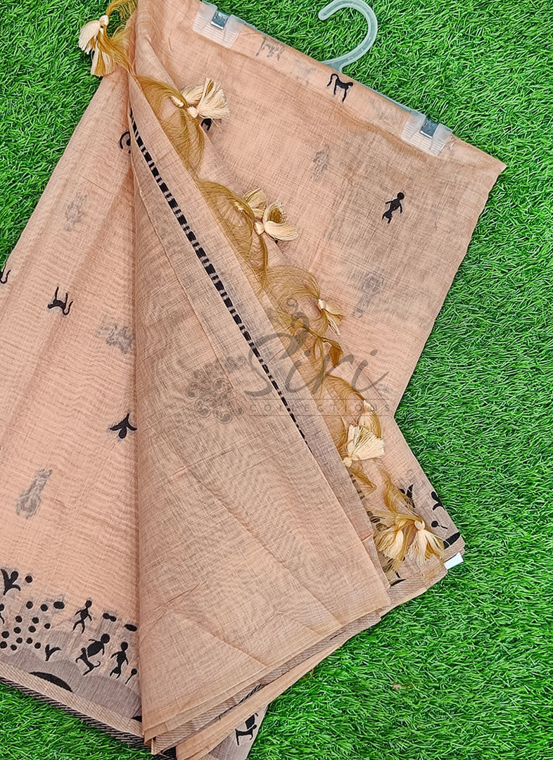 Latest Fancy Cotton Saree in Warli Design Borders