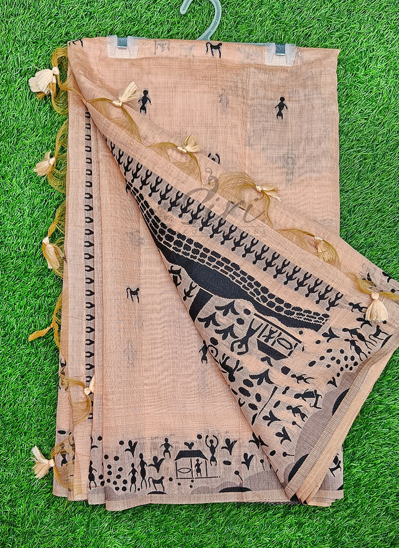 Latest Fancy Cotton Saree in Warli Design Borders