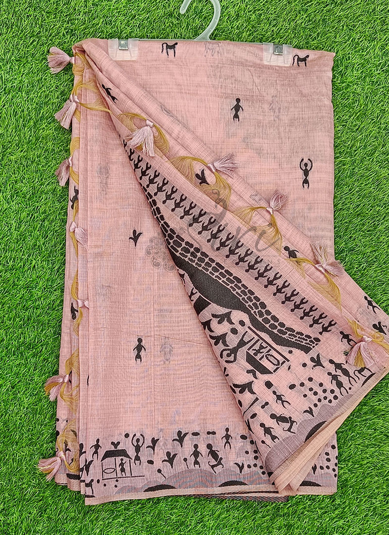 Latest Fancy Cotton Saree in Warli Design Borders