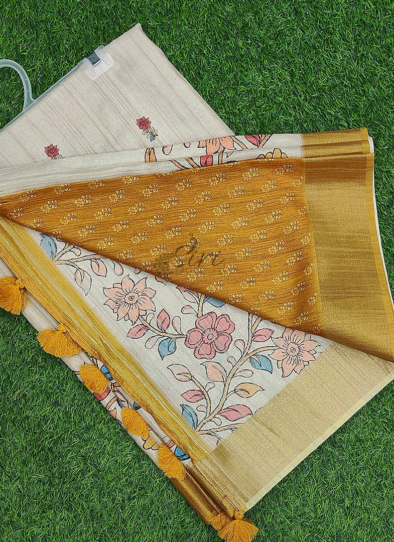 Beautiful Digital Print Fancy Tussar Saree in Kalamkari Design