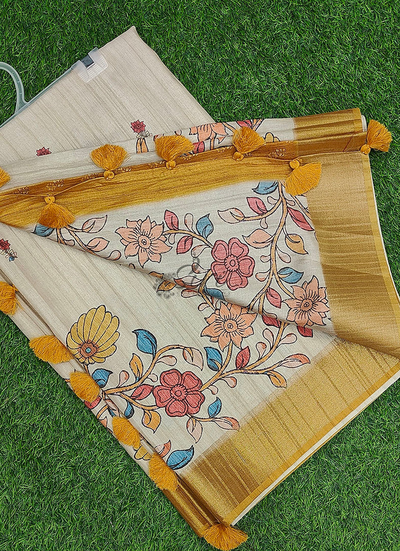 Beautiful Digital Print Fancy Tussar Saree in Kalamkari Design