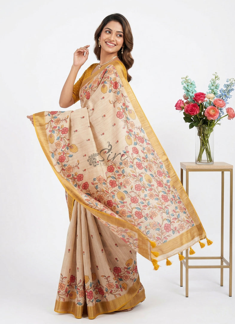 Beautiful Digital Print Fancy Tussar Saree in Kalamkari Design