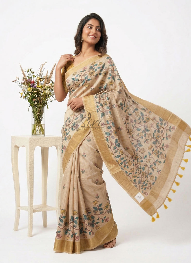Beautiful Digital Print Fancy Tussar Saree in Kalamkari Design