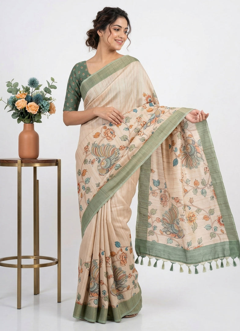 Beautiful Digital Print Fancy Tussar Saree in Kalamkari Design