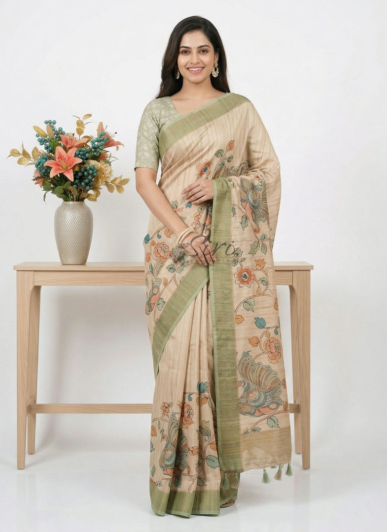 Beautiful Digital Print Fancy Tussar Saree in Kalamkari Design