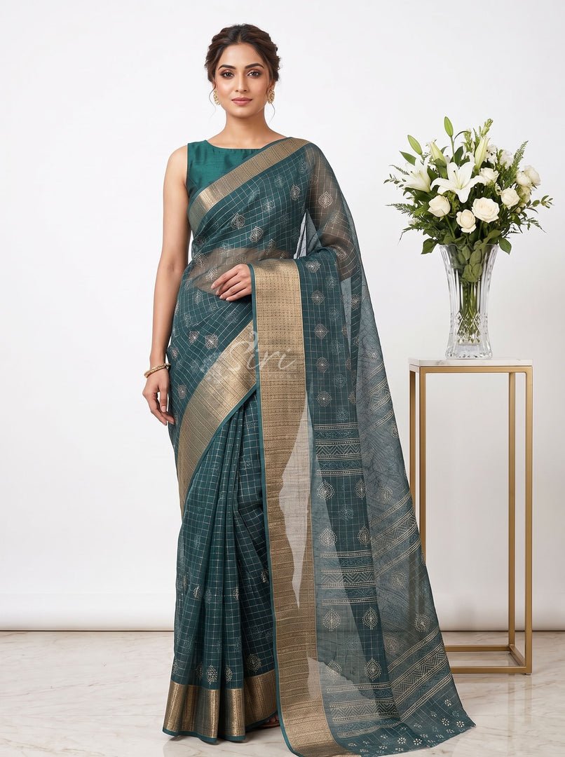 Lovely Printed Soft Organza Saree in Checks Design