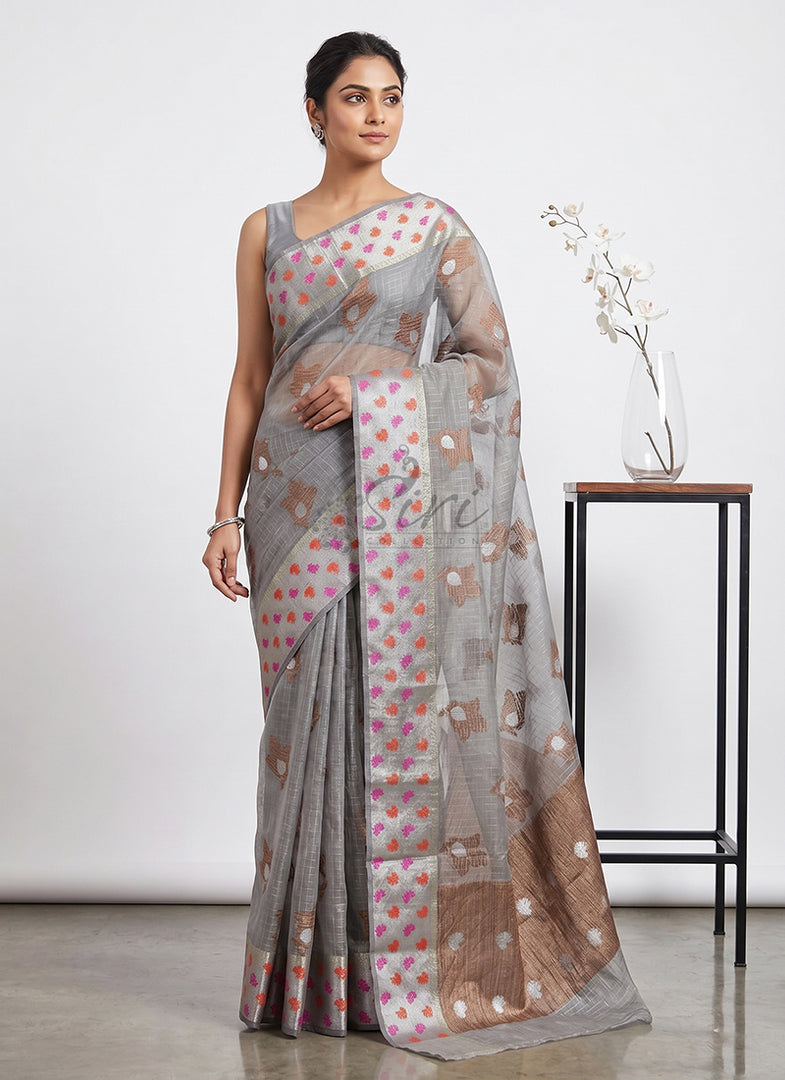 Trendy Soft Organza Saree in Jute Pallu