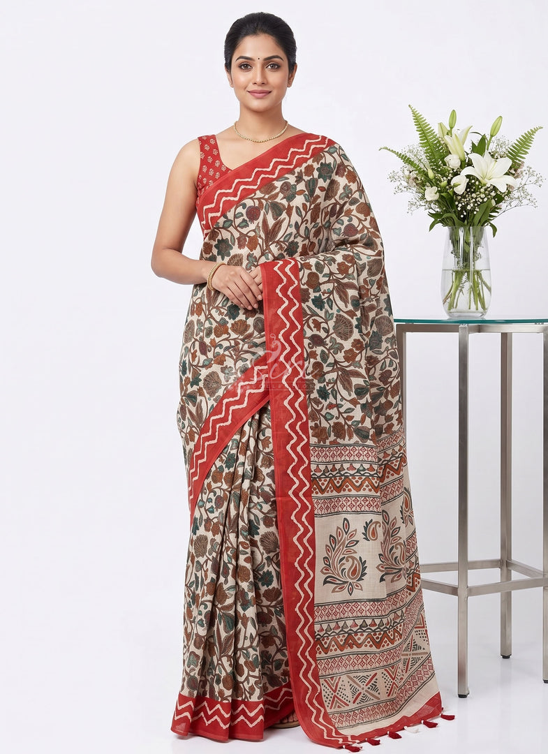 Elegant Kalamkari Design Linen Cotton Saree