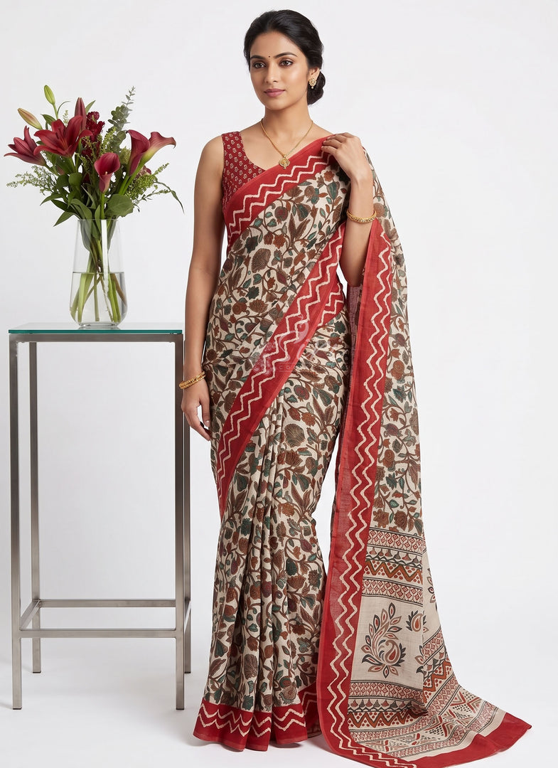 Elegant Kalamkari Design Linen Cotton Saree