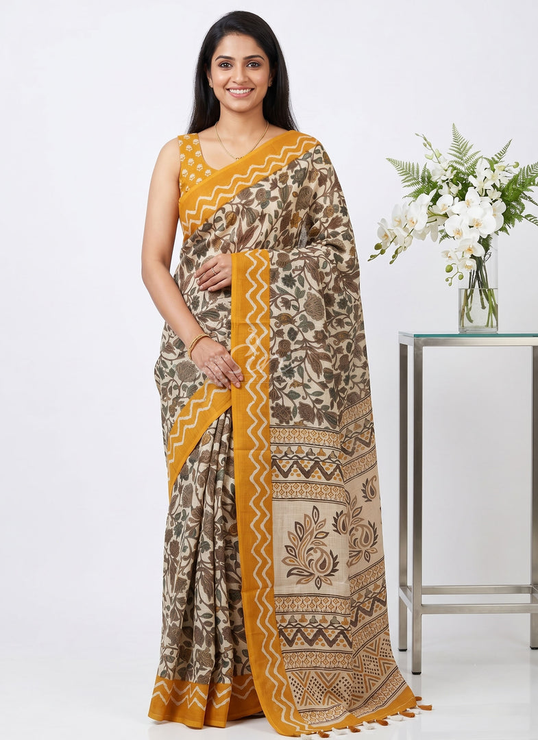 Elegant Kalamkari Design Linen Cotton Saree