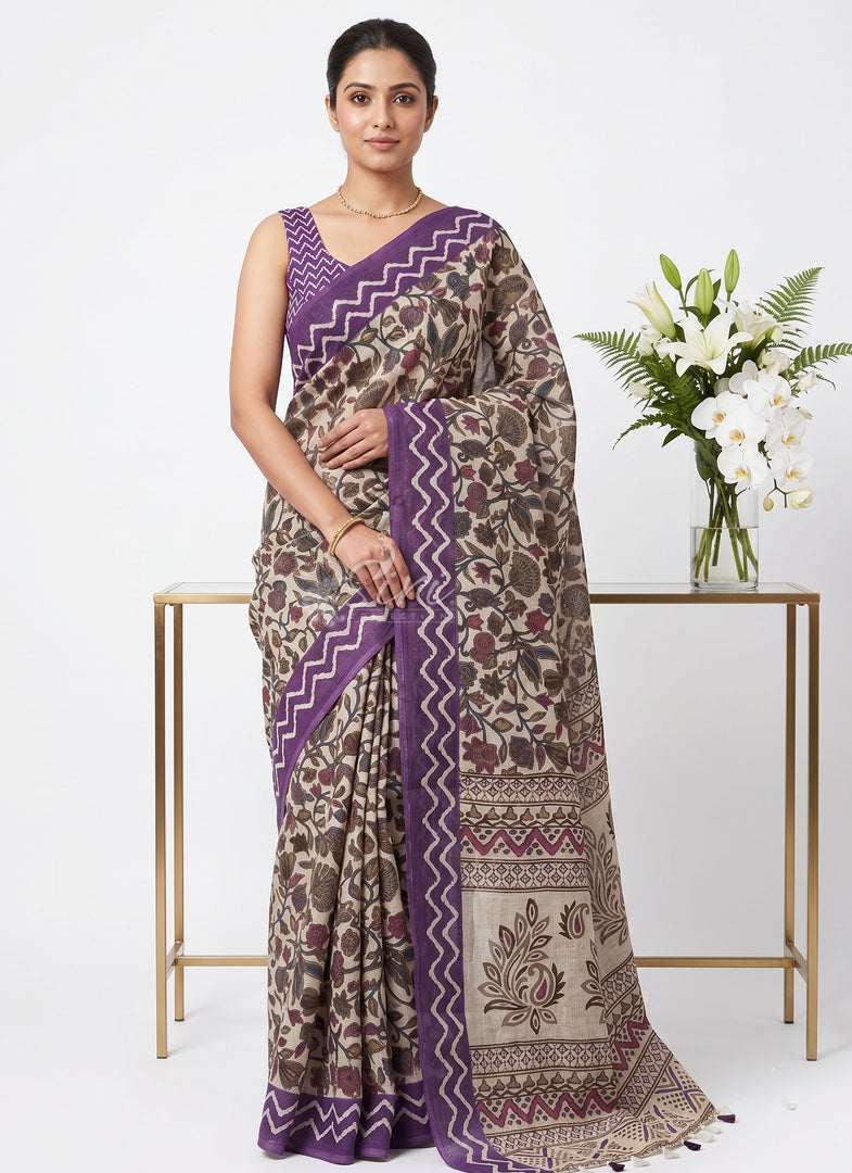 Elegant Kalamkari Design Linen Cotton Saree