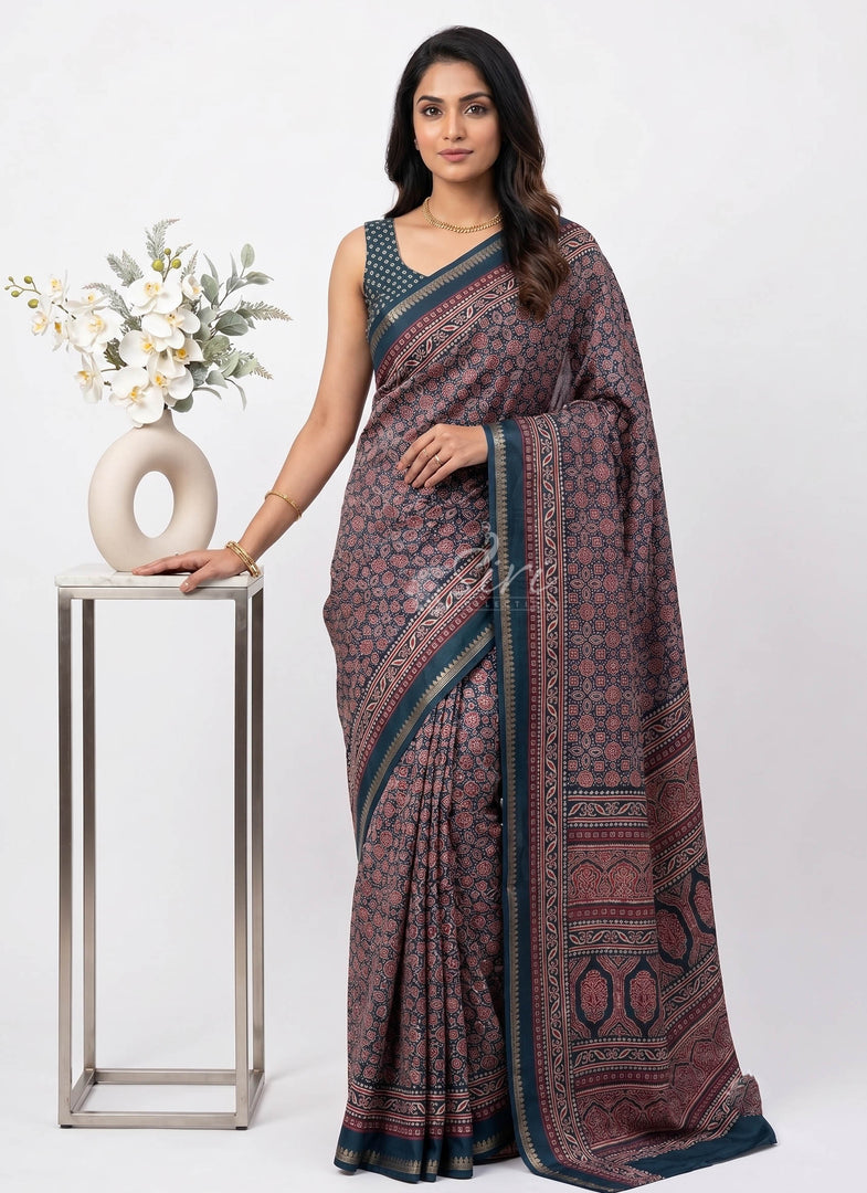 Latest Fancy Silk Saree in Ajrakh Print