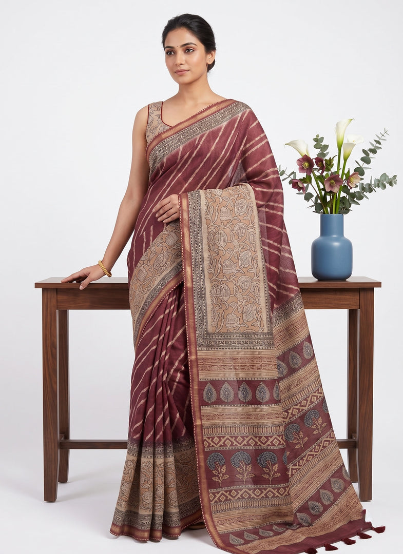 Siri Collections Latest Linen Blent Chanderi Printed Saree with Blouse