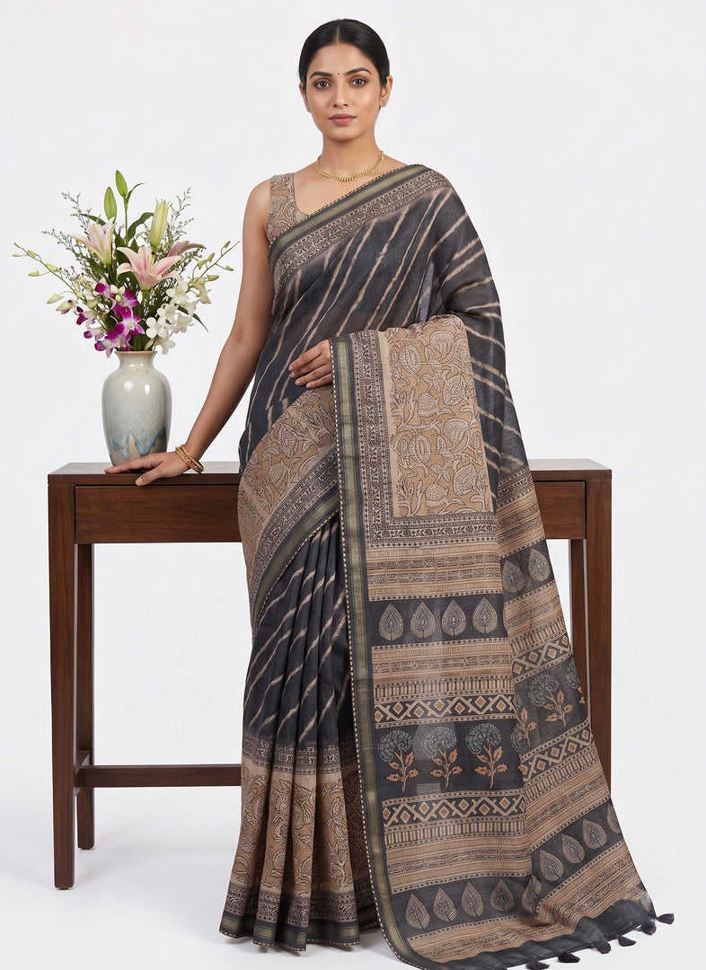 Siri Collections Latest Linen Blent Chanderi Printed Saree with Blouse