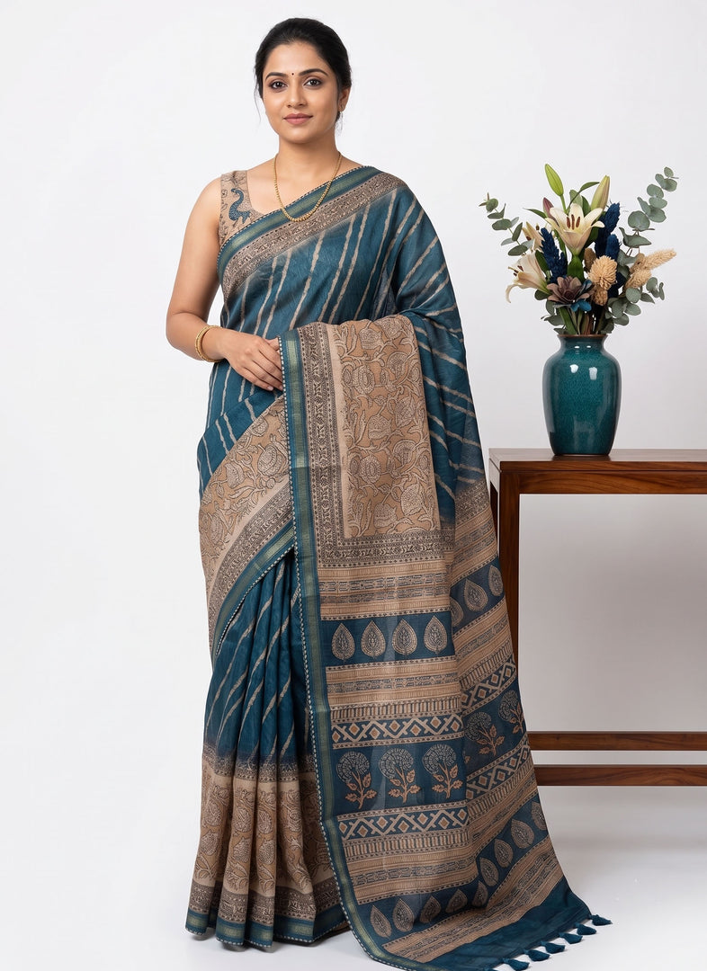 Siri Collections Latest Linen Blent Chanderi Printed Saree with Blouse