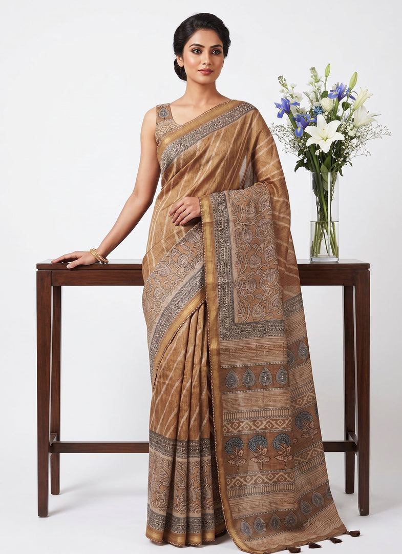 Siri Collections Latest Linen Blent Chanderi Printed Saree with Blouse
