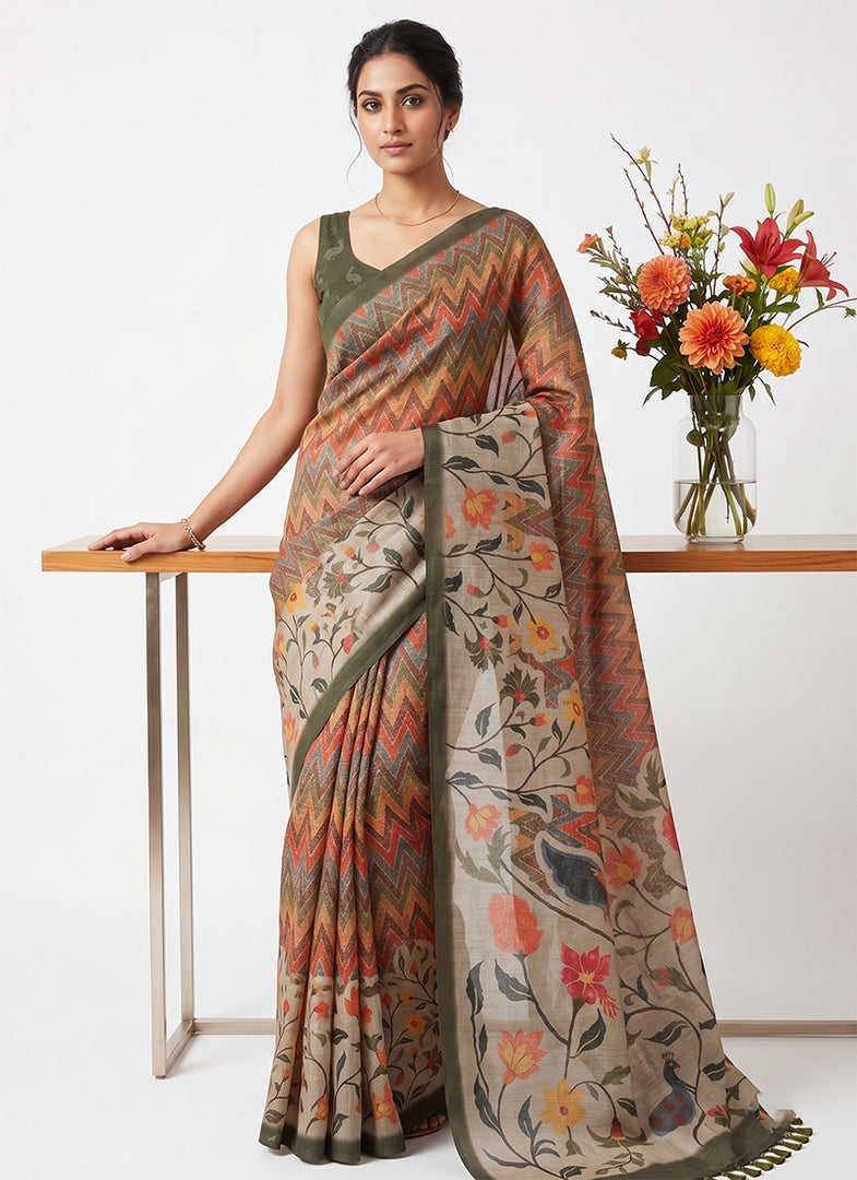 Siri Collections Latest Digital Print Chanderi Saree with Blouse