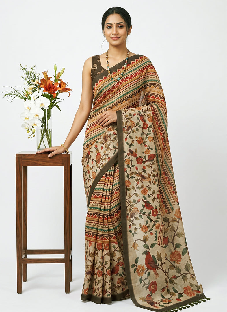 Siri Collections Latest Digital Print Chanderi Saree with Blouse