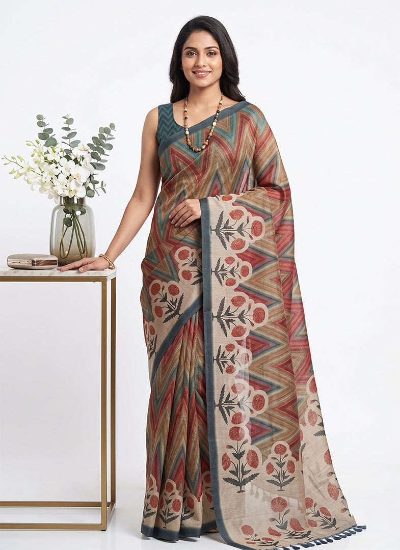 Siri Collections Latest Digital Print Chanderi Saree with Blouse