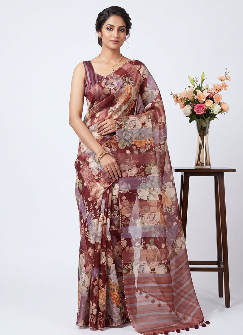 Designer Digital Print Organza And Tissue Stripes Saree