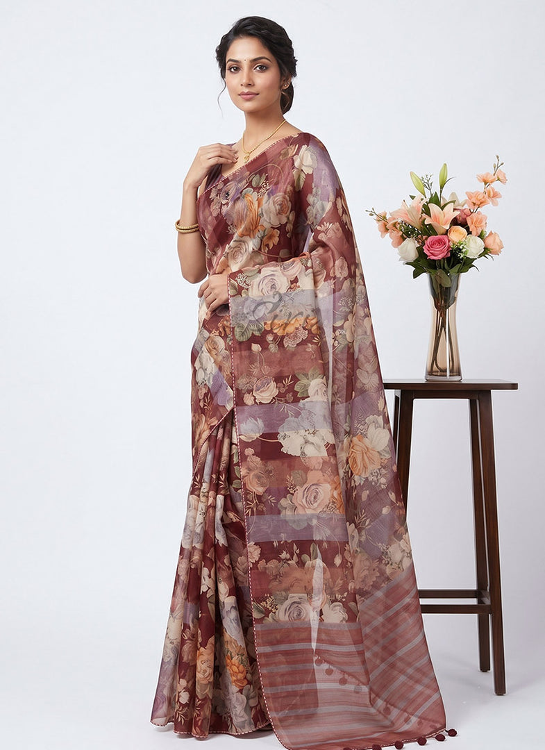 Designer Digital Print Organza And Tissue Stripes Saree