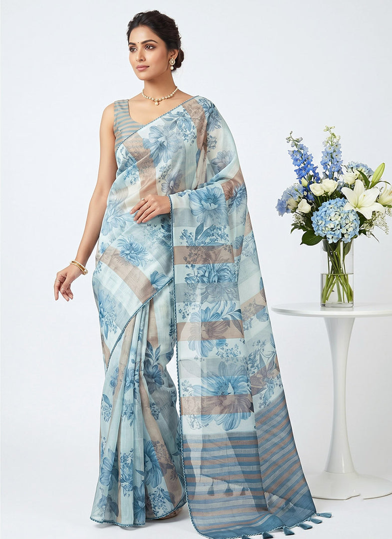 Designer Digital Print Organza And Tissue Stripes Saree