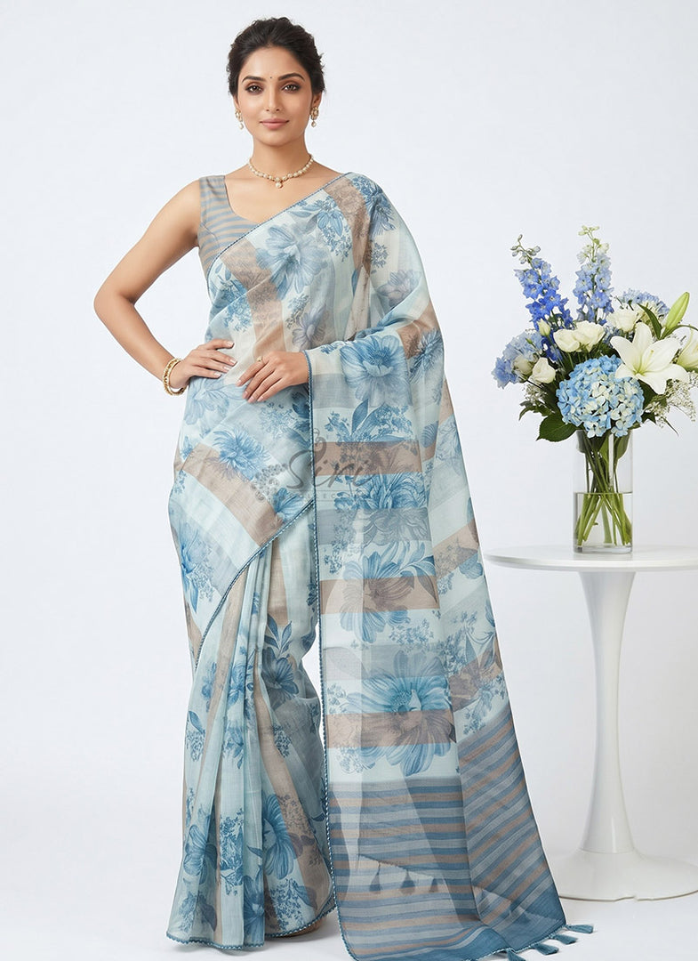 Designer Digital Print Organza And Tissue Stripes Saree