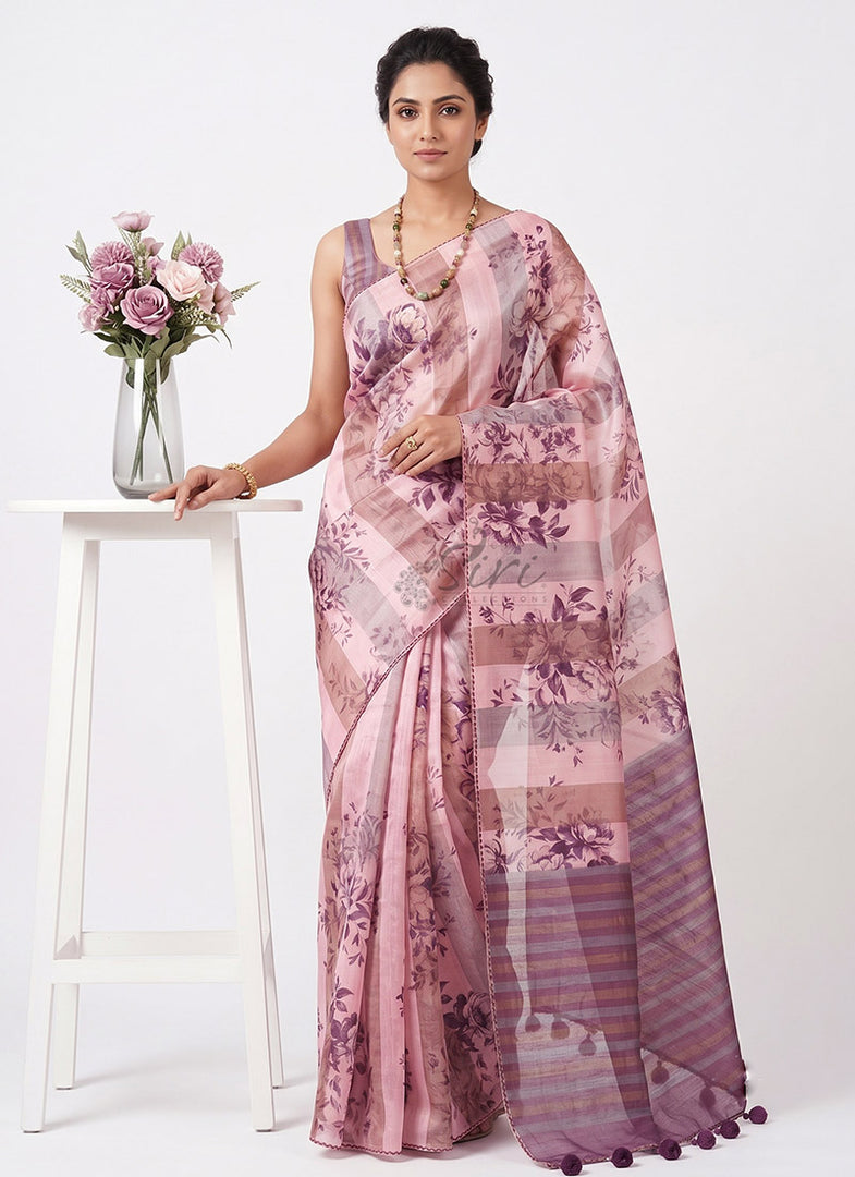 Designer Digital Print Organza And Tissue Stripes Saree