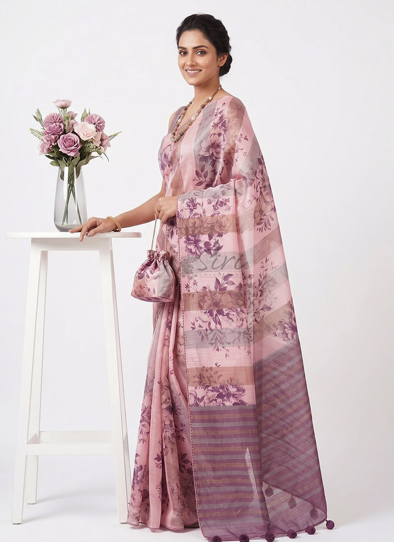 Designer Digital Print Organza And Tissue Stripes Saree