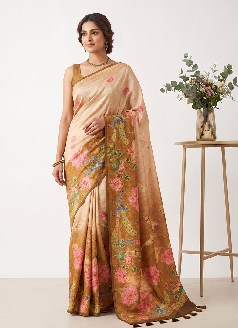 Designer Digital Print Bhagalpur Saree in Kantha Work