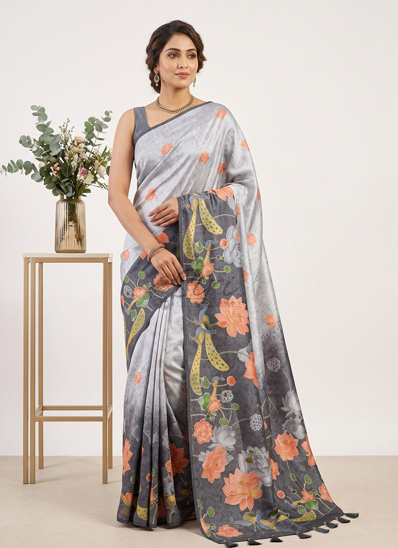 Designer Digital Print Bhagalpur Saree in Kantha Work